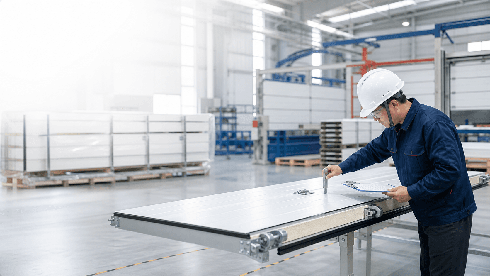 Factory inspection of garage door panels before export shipment