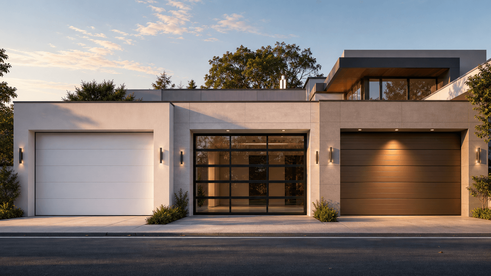 Modern home comparing insulated steel glass and custom aluminum garage doors