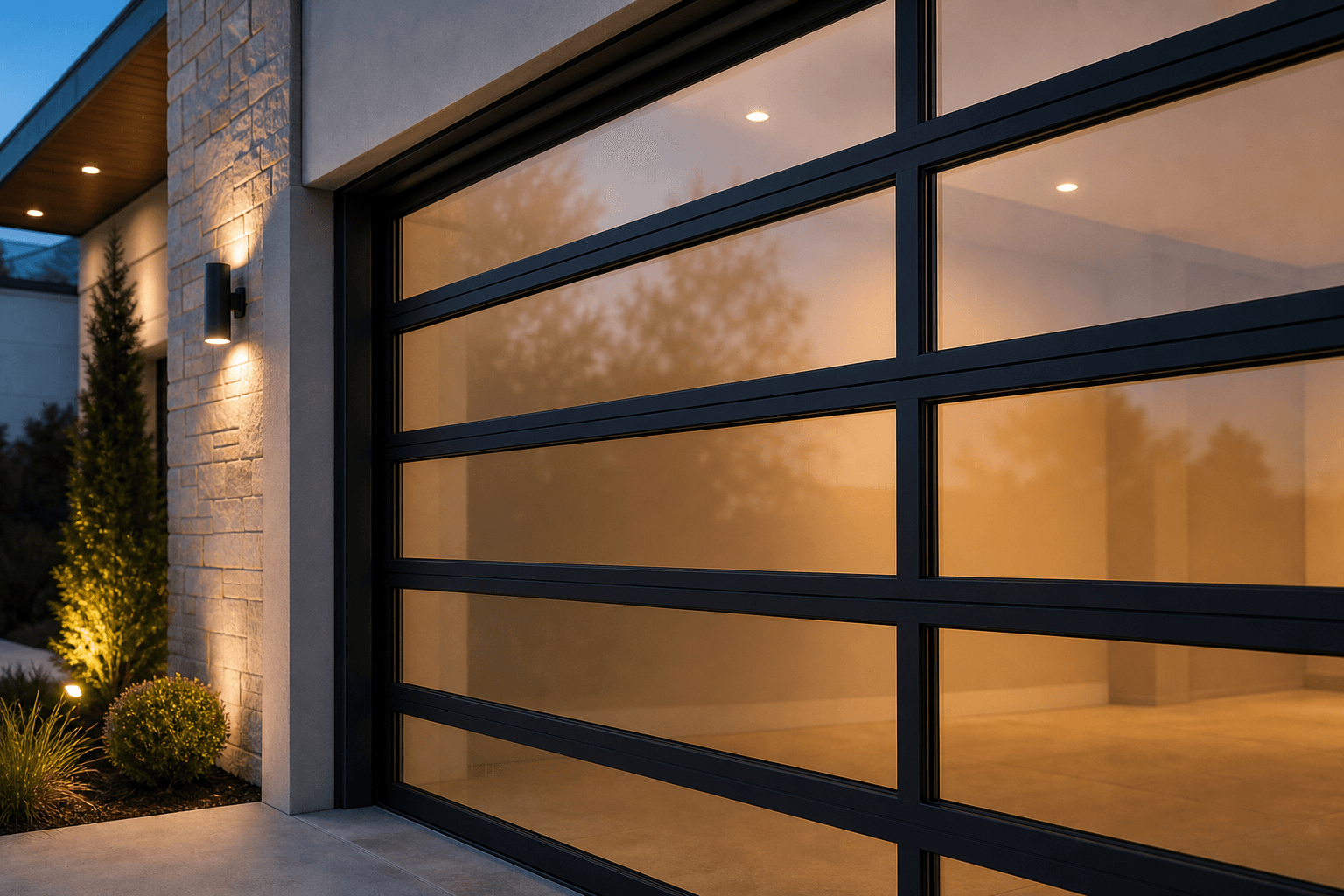 Close-up of aluminum frames and translucent glass garage door panels