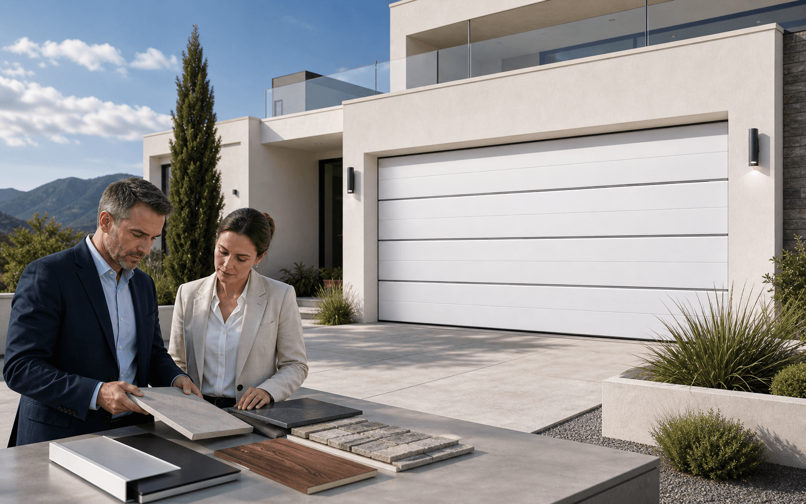 Modern villa garage door application with facade material review