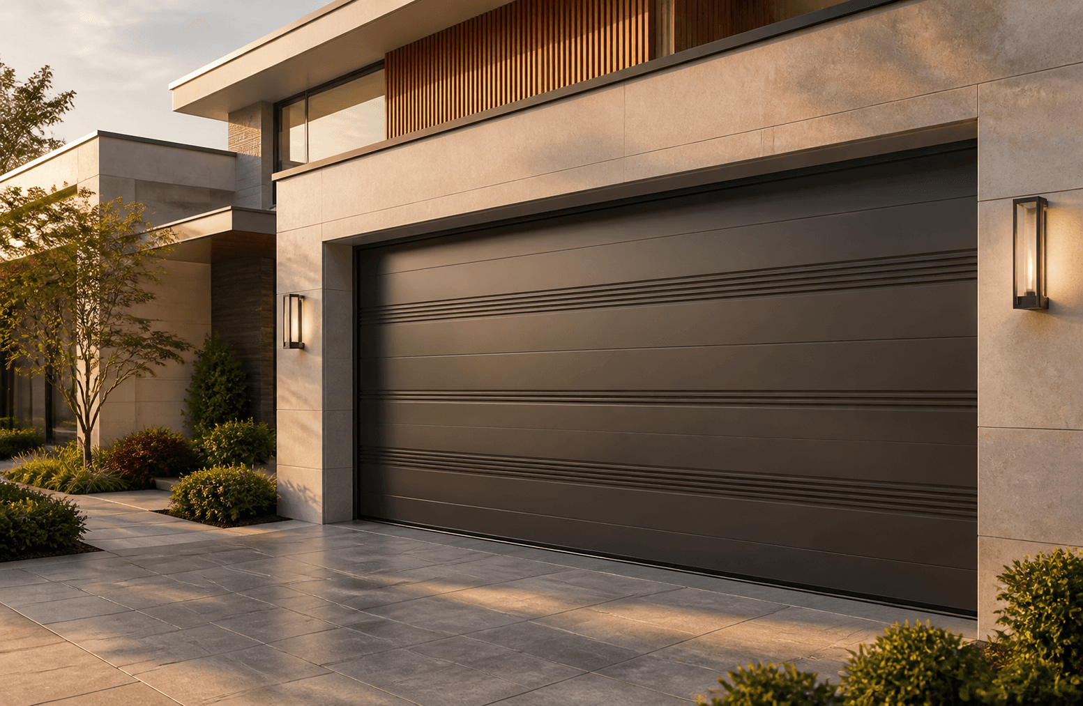 Luxury villa with a custom aluminum residential garage door