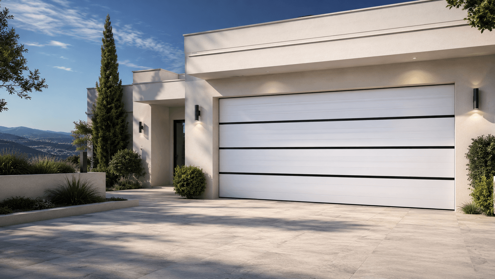 Modern villa with a white residential sectional garage door